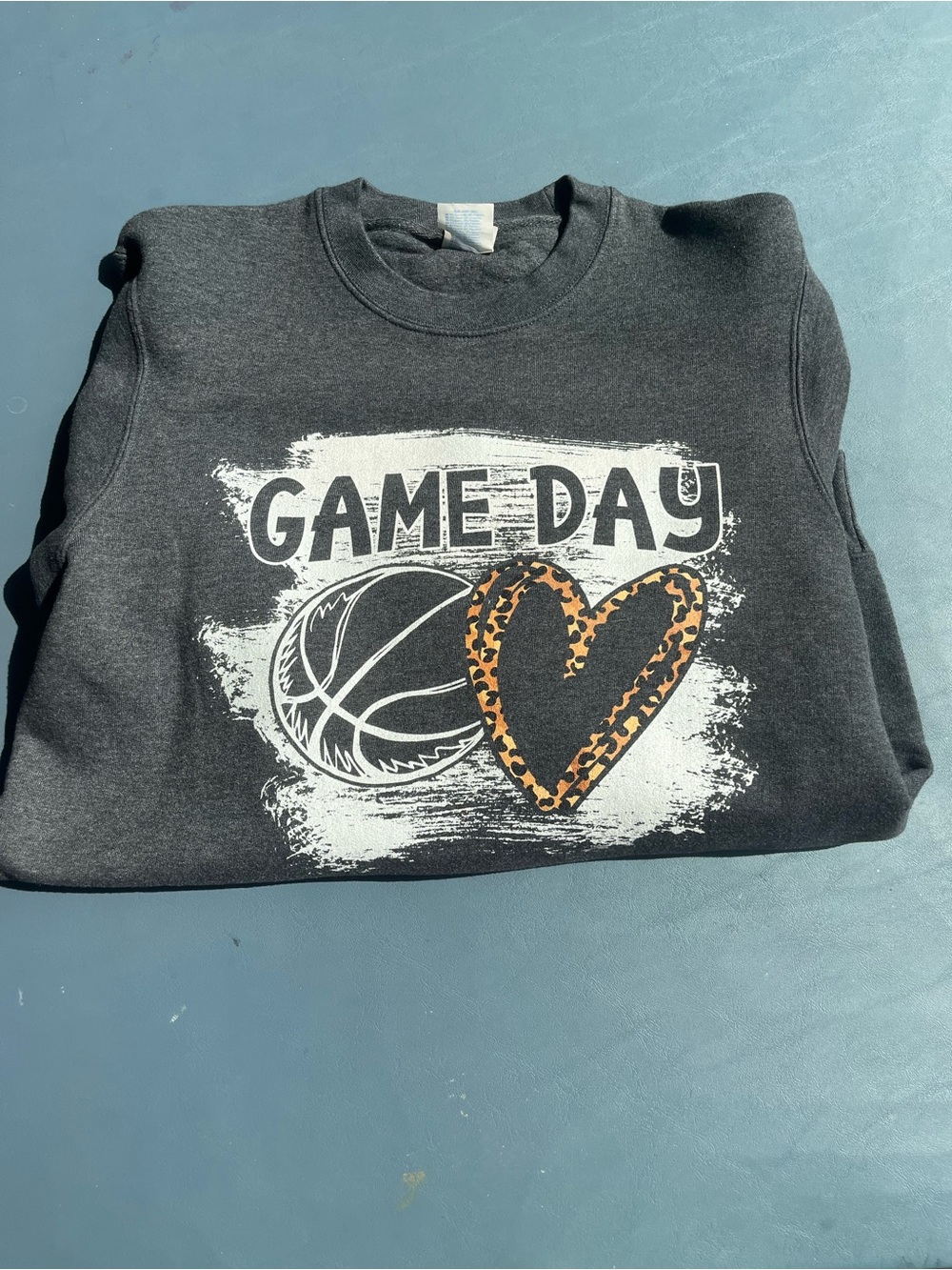 Port and Company Charcoal Crewneck with Orange Leopard Heart